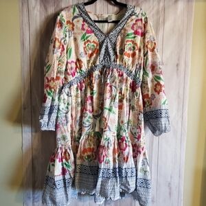 Kaktus Floral Midi Dress with Blue Accents